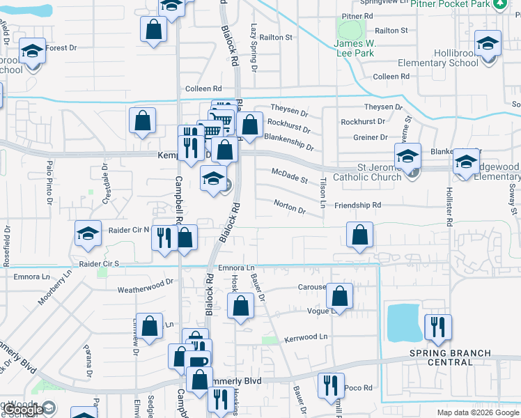 map of restaurants, bars, coffee shops, grocery stores, and more near 9223 Renwood Drive in Houston