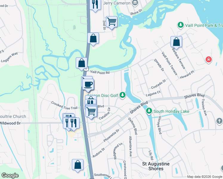 map of restaurants, bars, coffee shops, grocery stores, and more near 100 Barbarosa Street in St. Augustine
