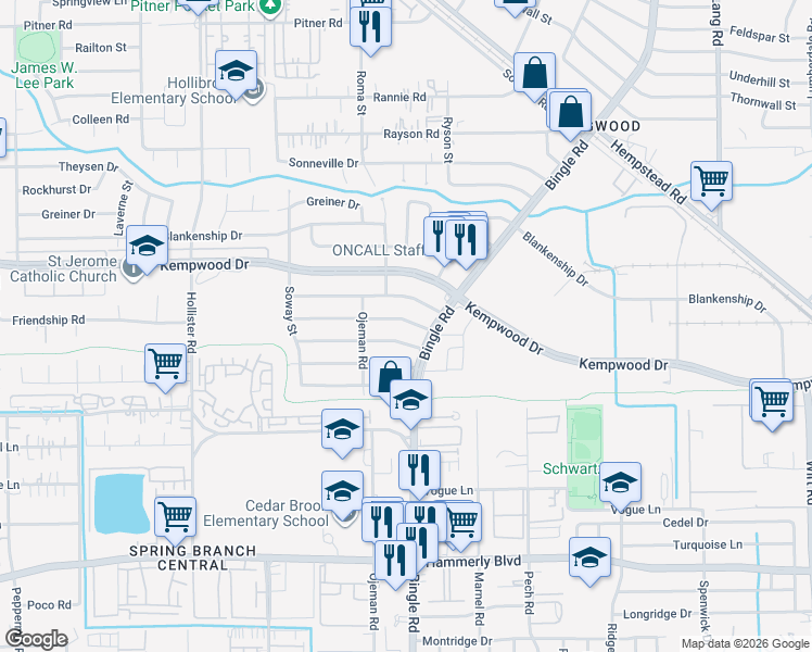map of restaurants, bars, coffee shops, grocery stores, and more near 8502 Norton Drive in Houston