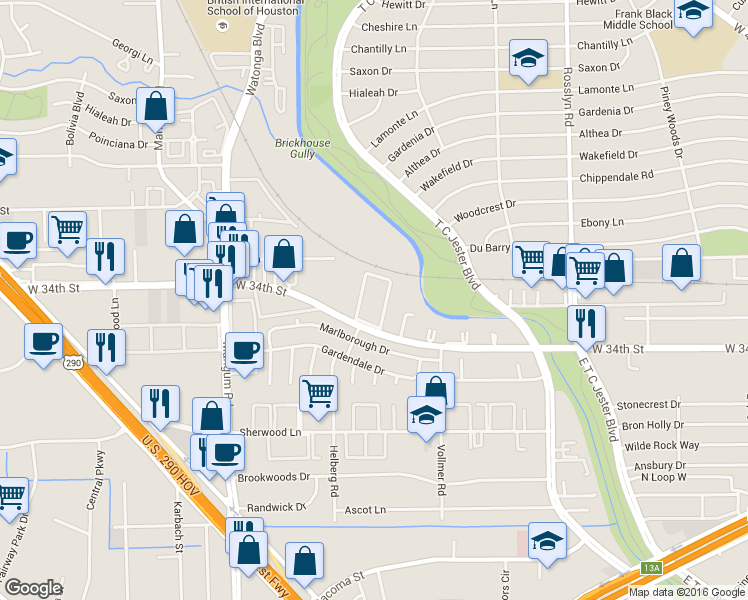 map of restaurants, bars, coffee shops, grocery stores, and more near 4200 West 34th Street in Houston