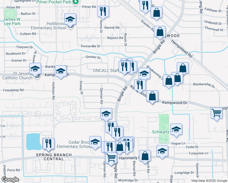 map of restaurants, bars, coffee shops, grocery stores, and more near 8502 Norton Drive in Houston