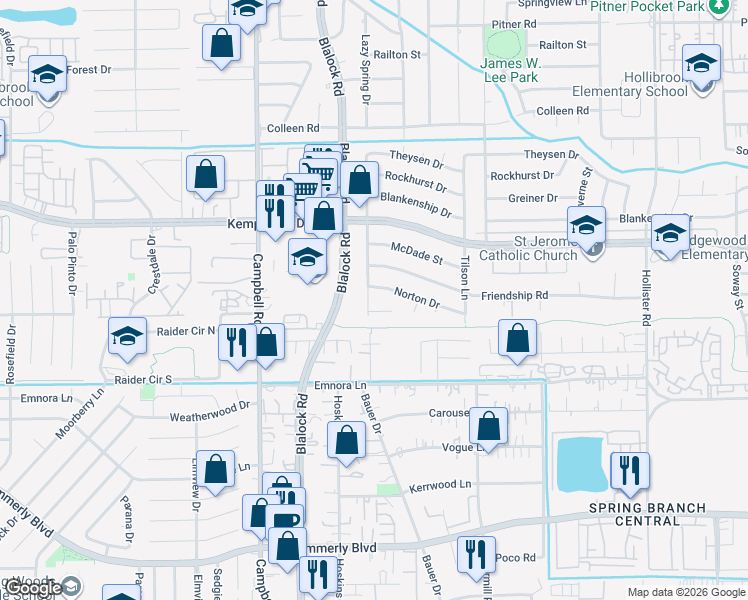 map of restaurants, bars, coffee shops, grocery stores, and more near 9223 Renwood Drive in Houston