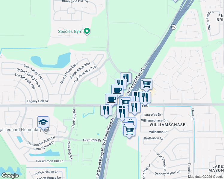 map of restaurants, bars, coffee shops, grocery stores, and more near Peek Road in Katy