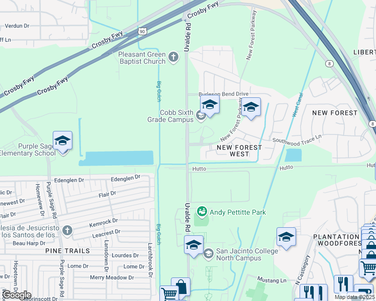 map of restaurants, bars, coffee shops, grocery stores, and more near Uvalde Road in Houston