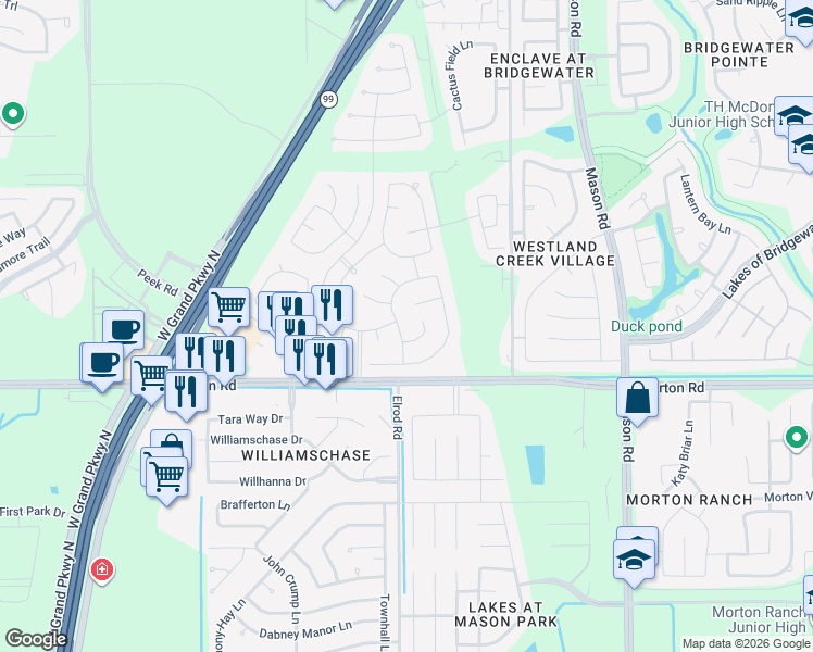 map of restaurants, bars, coffee shops, grocery stores, and more near 3106 Livingston Ridge Court in Katy