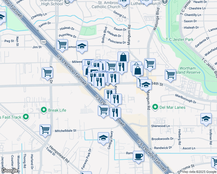map of restaurants, bars, coffee shops, grocery stores, and more near 5005 West 34th Street in Houston