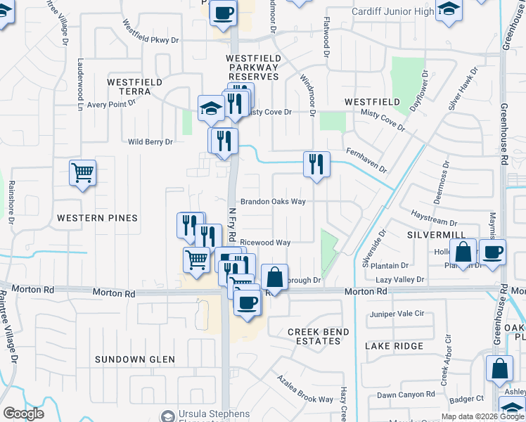 map of restaurants, bars, coffee shops, grocery stores, and more near 19907 Eastman Place in Katy