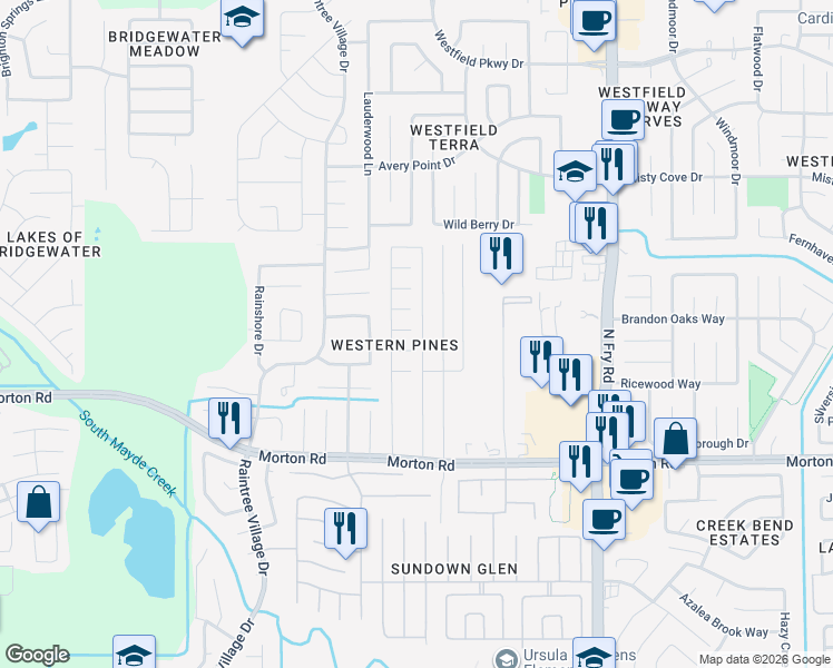 map of restaurants, bars, coffee shops, grocery stores, and more near 3318 Randy Lane in Katy