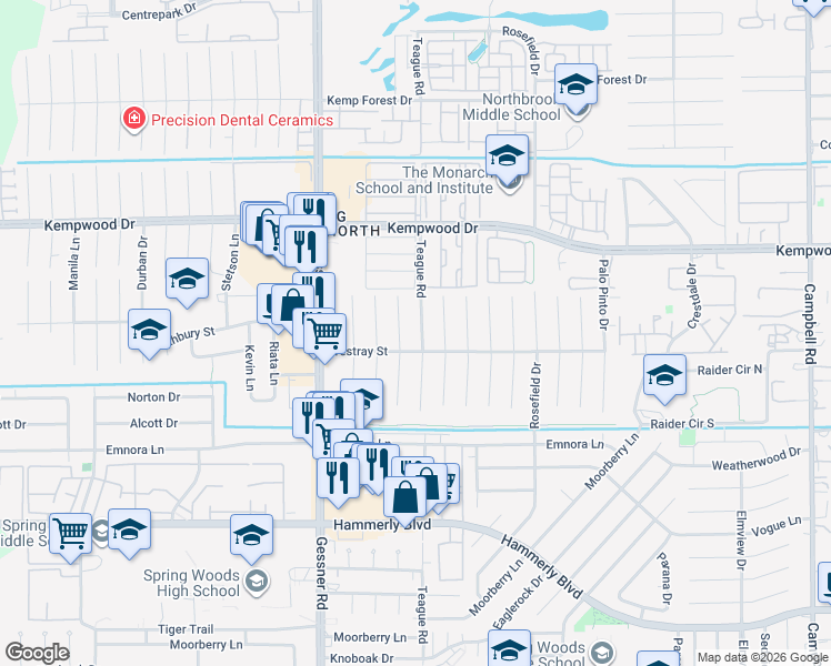 map of restaurants, bars, coffee shops, grocery stores, and more near 2602 Teague Road in Houston