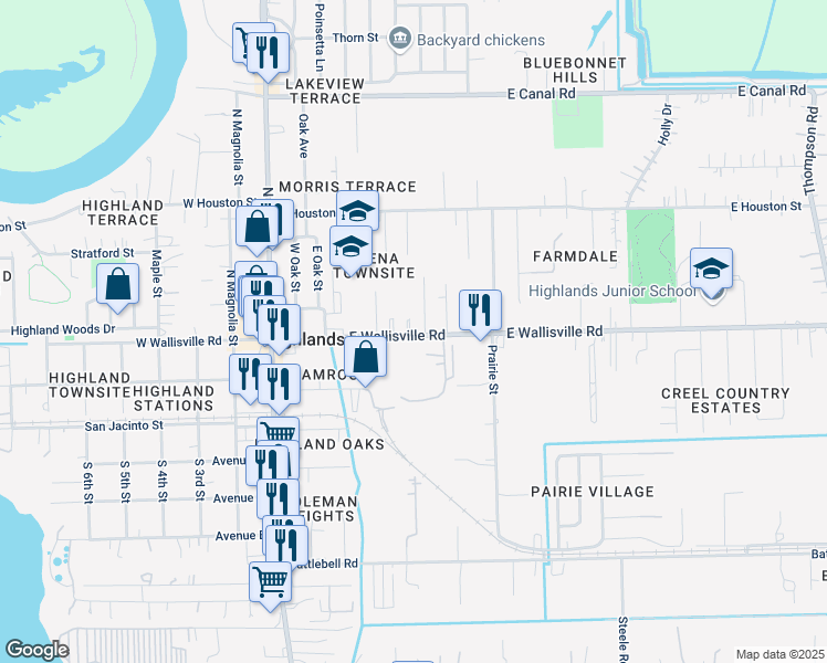 map of restaurants, bars, coffee shops, grocery stores, and more near 409 East Wallisville Road in Highlands