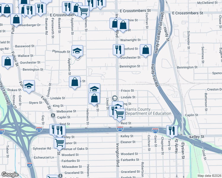 map of restaurants, bars, coffee shops, grocery stores, and more near 6615 Lloyd Street in Houston