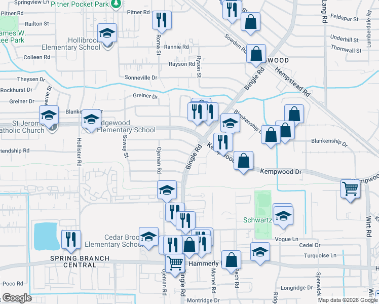 map of restaurants, bars, coffee shops, grocery stores, and more near 8502 Norton Drive in Houston