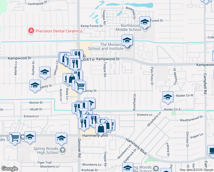 map of restaurants, bars, coffee shops, grocery stores, and more near 2602 Teague Road in Houston