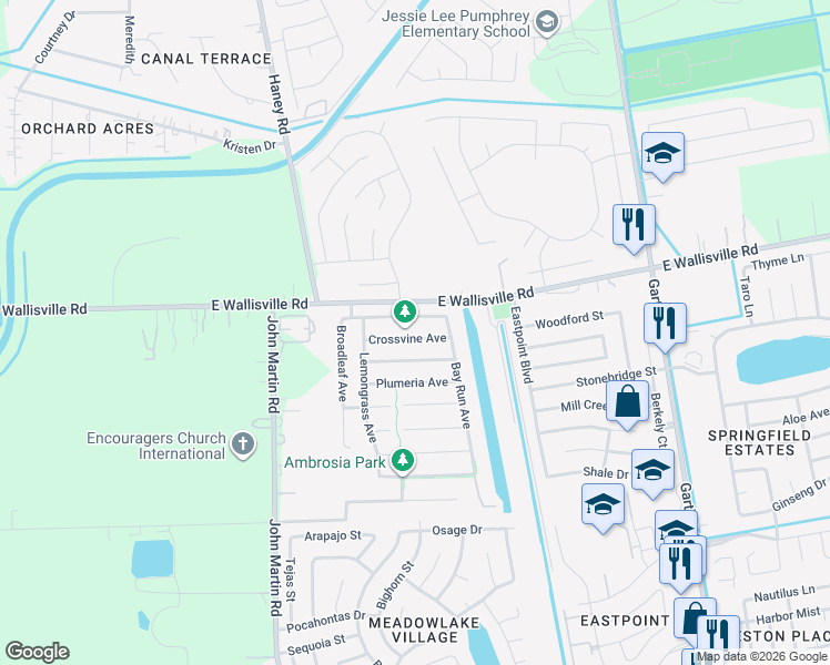 map of restaurants, bars, coffee shops, grocery stores, and more near 4407 Crossvine Avenue in Baytown