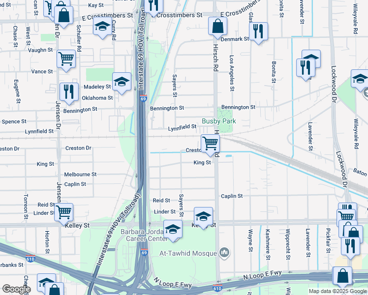 map of restaurants, bars, coffee shops, grocery stores, and more near 6603 Hirsch Road in Houston