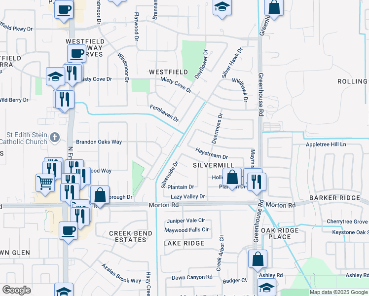 map of restaurants, bars, coffee shops, grocery stores, and more near 19539 Woodglen Drive in Katy