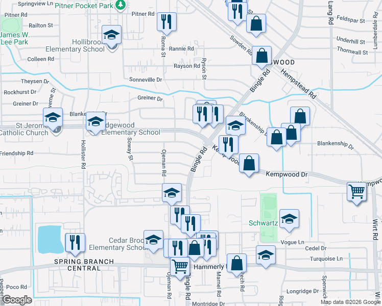 map of restaurants, bars, coffee shops, grocery stores, and more near 8502 Norton Drive in Houston