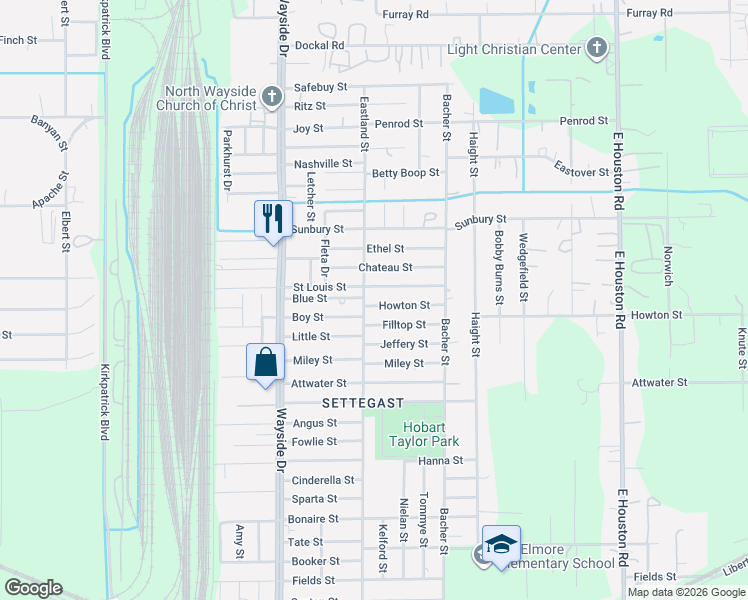 map of restaurants, bars, coffee shops, grocery stores, and more near 8025 Filltop Street in Houston