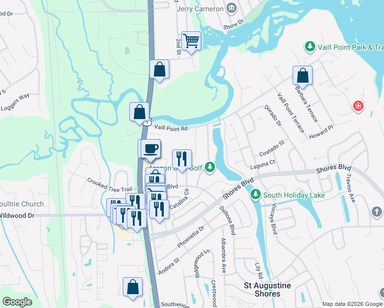 map of restaurants, bars, coffee shops, grocery stores, and more near 128 Barbarosa Street in St. Augustine