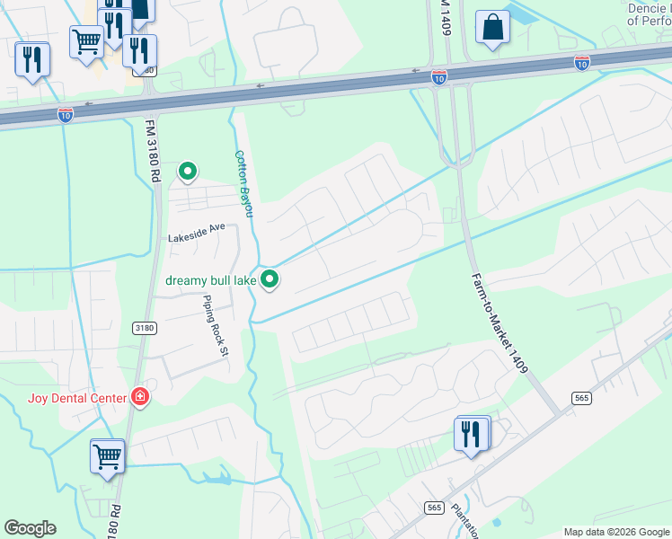 map of restaurants, bars, coffee shops, grocery stores, and more near 8602 Rocky River Street in Baytown