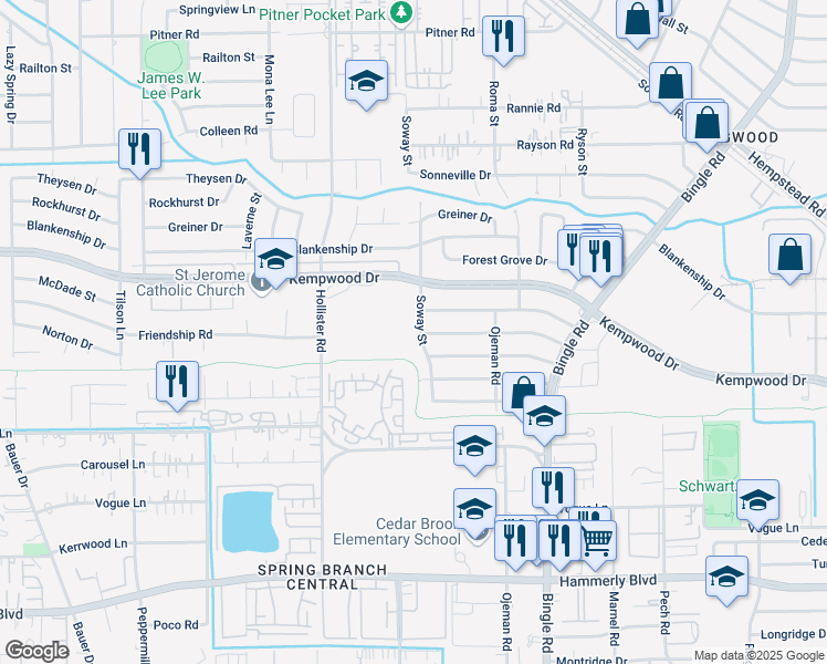 map of restaurants, bars, coffee shops, grocery stores, and more near 2715 Soway Street in Houston