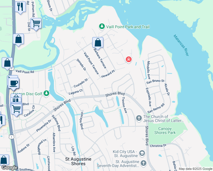 map of restaurants, bars, coffee shops, grocery stores, and more near 362 Casuarina Circle in St. Augustine