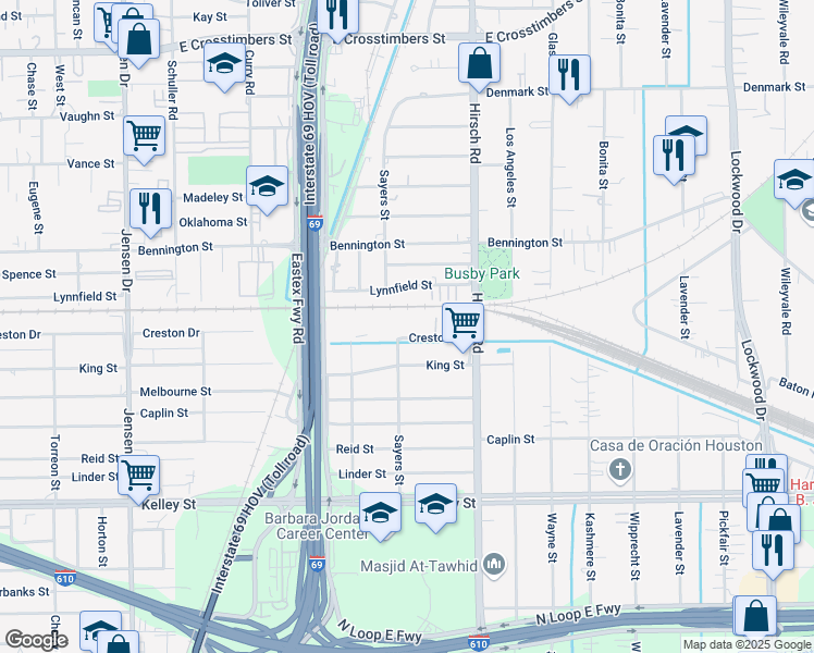 map of restaurants, bars, coffee shops, grocery stores, and more near 4070 Lynnfield Street in Houston