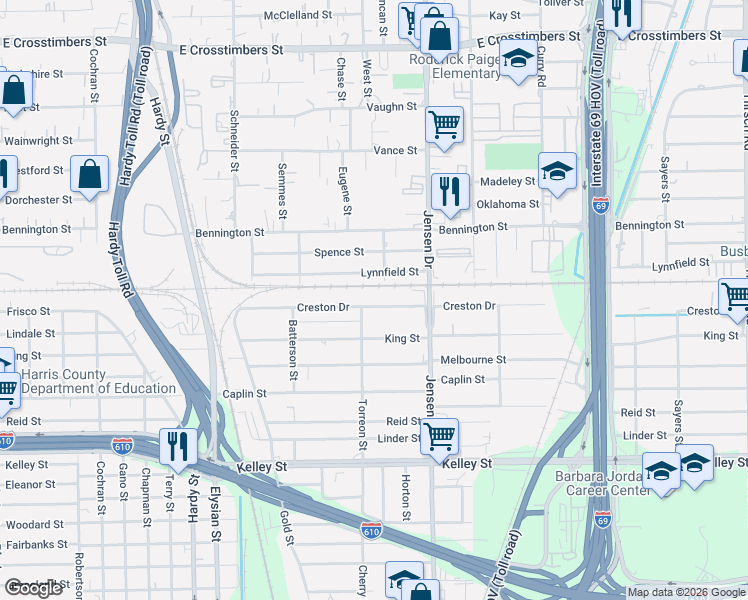 map of restaurants, bars, coffee shops, grocery stores, and more near 2528 Lynnfield Street in Houston