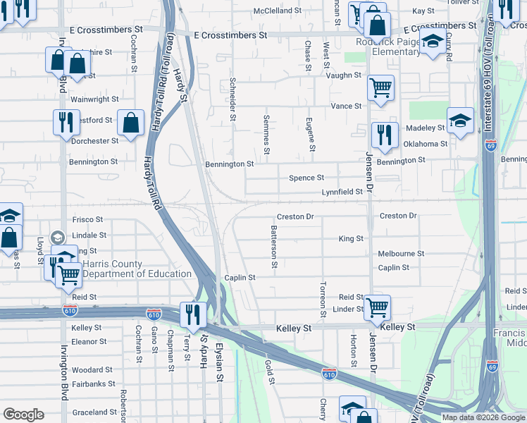 map of restaurants, bars, coffee shops, grocery stores, and more near 2014 Lynnfield Street in Houston