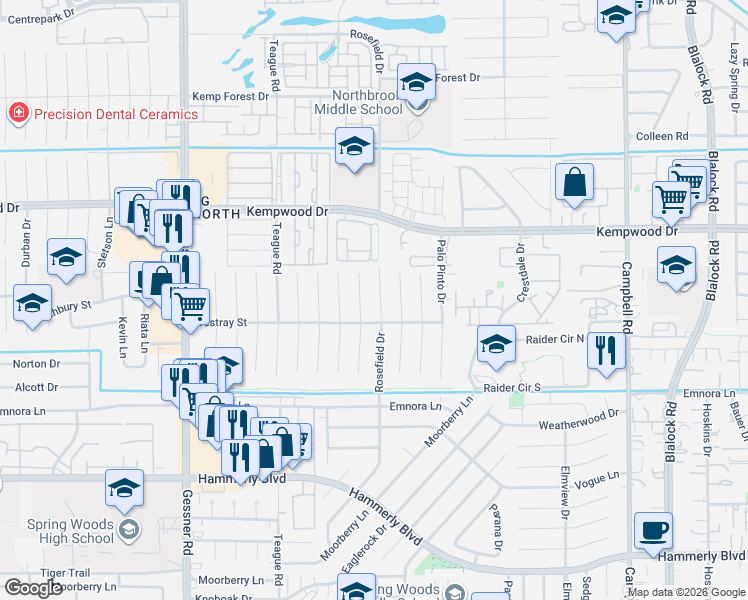 map of restaurants, bars, coffee shops, grocery stores, and more near 2631 Pine Village Drive in Houston