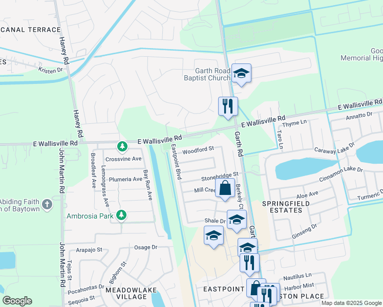 map of restaurants, bars, coffee shops, grocery stores, and more near 4738 Woodford Street in Baytown