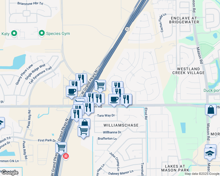 map of restaurants, bars, coffee shops, grocery stores, and more near 22727 Corinth Meadow Court in Katy