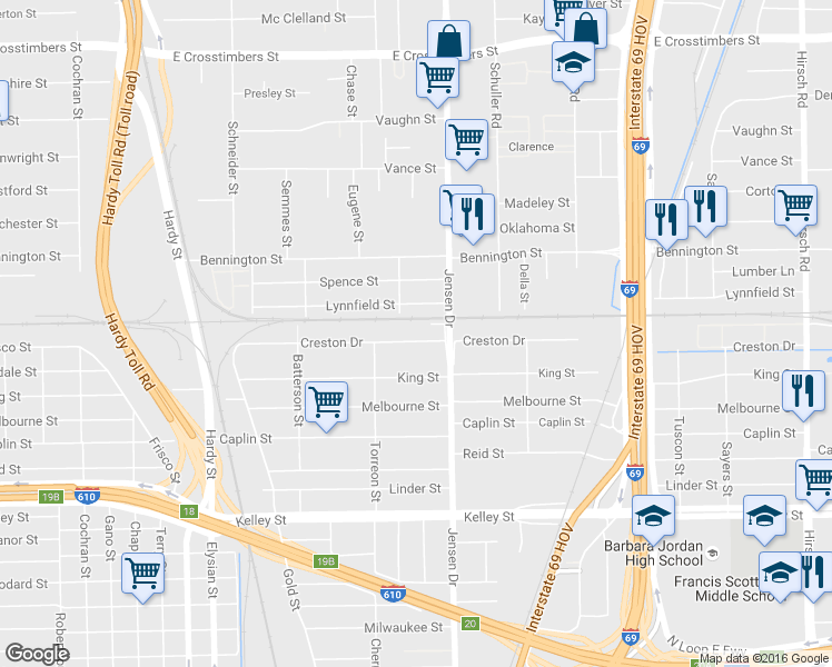map of restaurants, bars, coffee shops, grocery stores, and more near 2615 Creston Drive in Houston