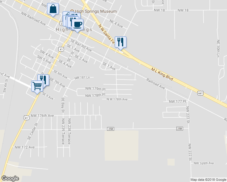 map of restaurants, bars, coffee shops, grocery stores, and more near 23245 Northwest 179th Place in High Springs