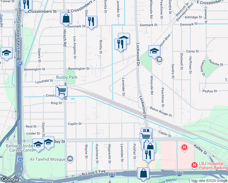 map of restaurants, bars, coffee shops, grocery stores, and more near 4630 Shreveport Boulevard in Houston