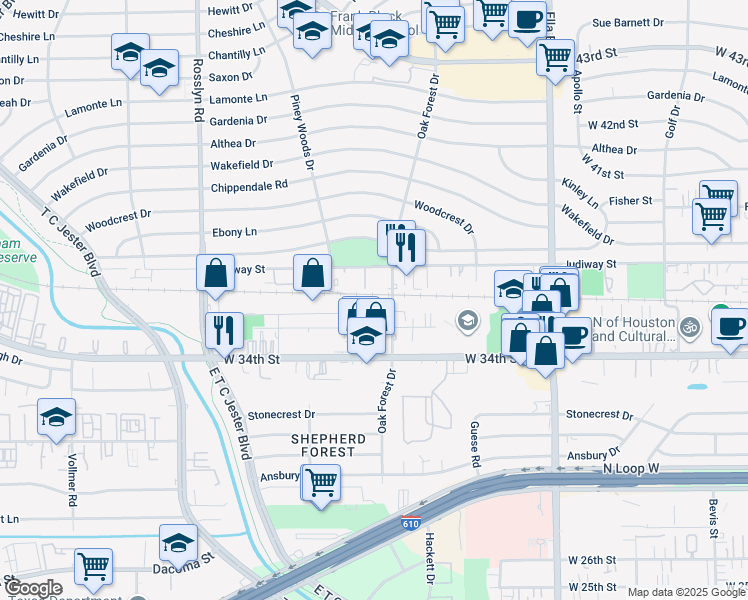 map of restaurants, bars, coffee shops, grocery stores, and more near 3539 Oak Forest Drive in Houston