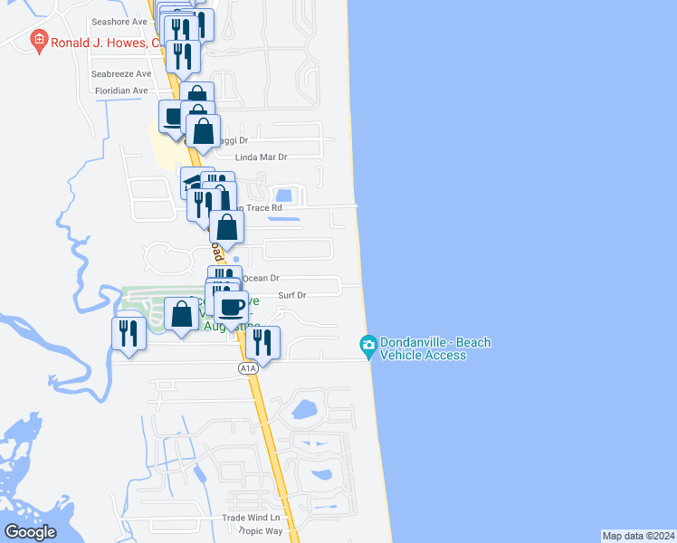 map of restaurants, bars, coffee shops, grocery stores, and more near 14 Ocean Drive in St. Augustine