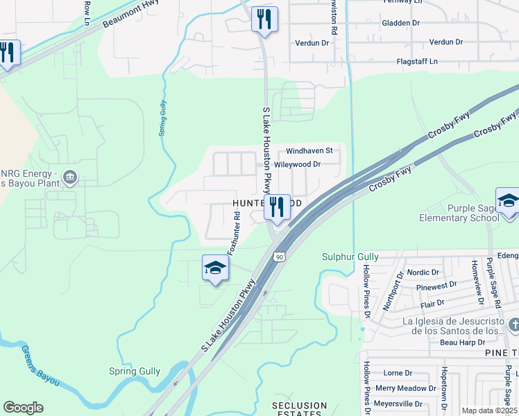 map of restaurants, bars, coffee shops, grocery stores, and more near 6415 Foxfern Circle in Houston