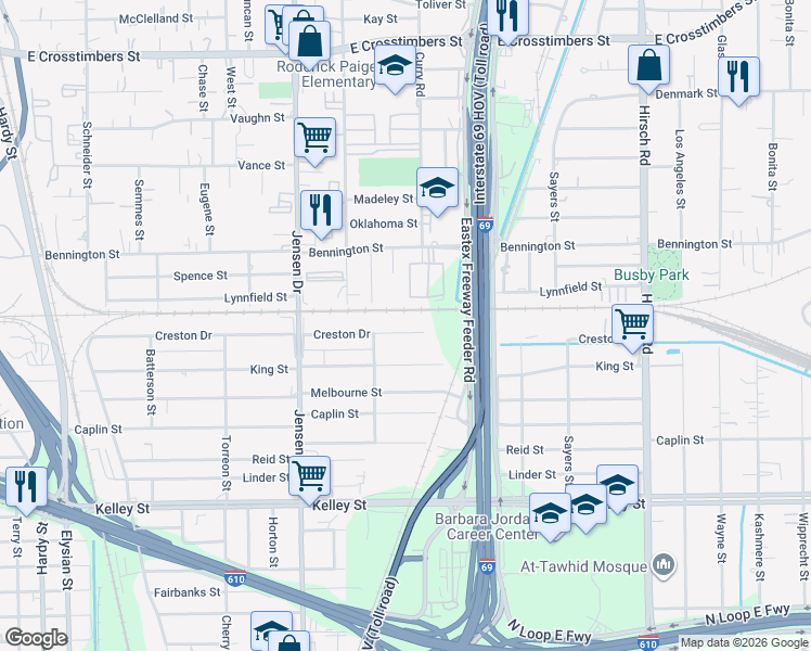 map of restaurants, bars, coffee shops, grocery stores, and more near 3228 Bennington Street in Houston