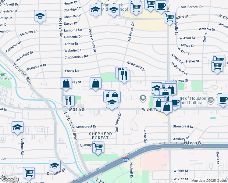 map of restaurants, bars, coffee shops, grocery stores, and more near 3539 Oak Forest Drive in Houston
