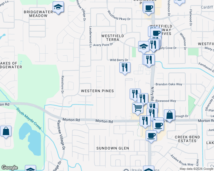 map of restaurants, bars, coffee shops, grocery stores, and more near 3422 Randy Lane in Katy