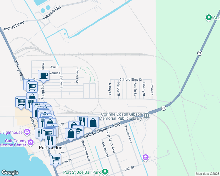 map of restaurants, bars, coffee shops, grocery stores, and more near North Bay Street in Port St. Joe
