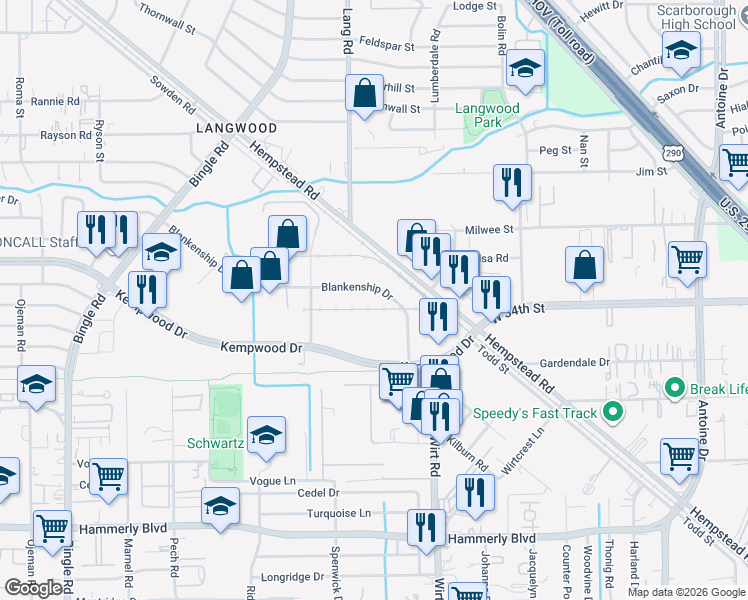 map of restaurants, bars, coffee shops, grocery stores, and more near 7777 Blankenship Drive in Houston