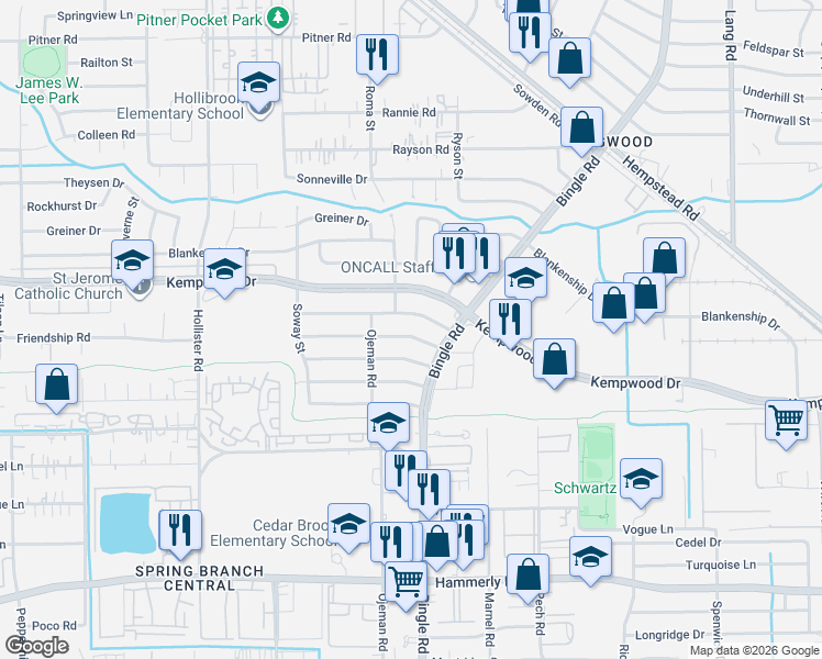 map of restaurants, bars, coffee shops, grocery stores, and more near 8551 Mcdade Street in Houston