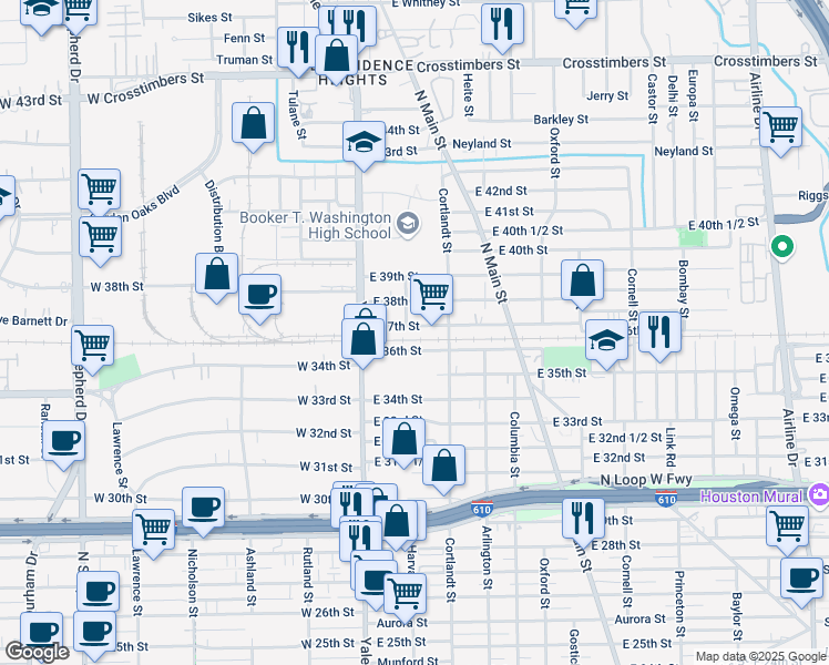 map of restaurants, bars, coffee shops, grocery stores, and more near 206 East 37th Street in Houston