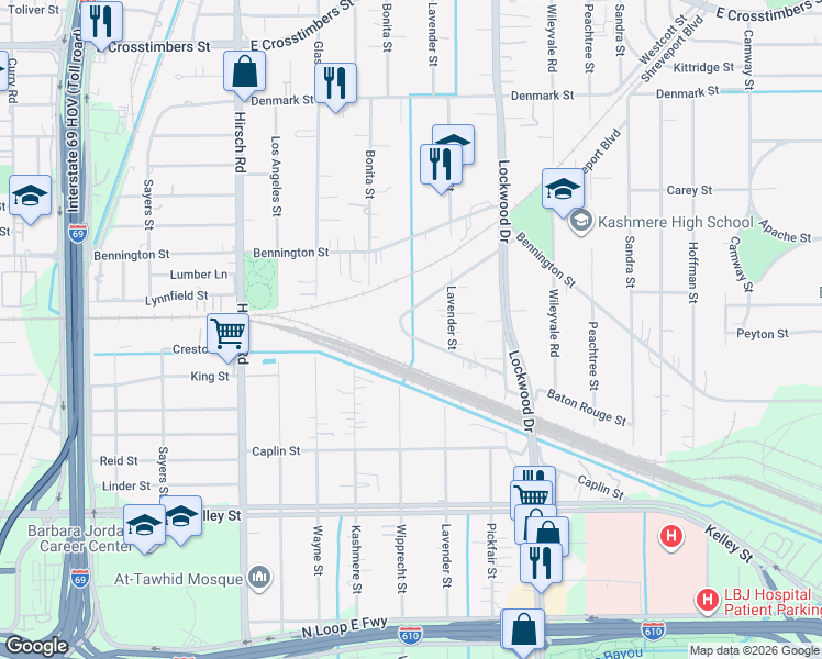 map of restaurants, bars, coffee shops, grocery stores, and more near 4630 Shreveport Boulevard in Houston