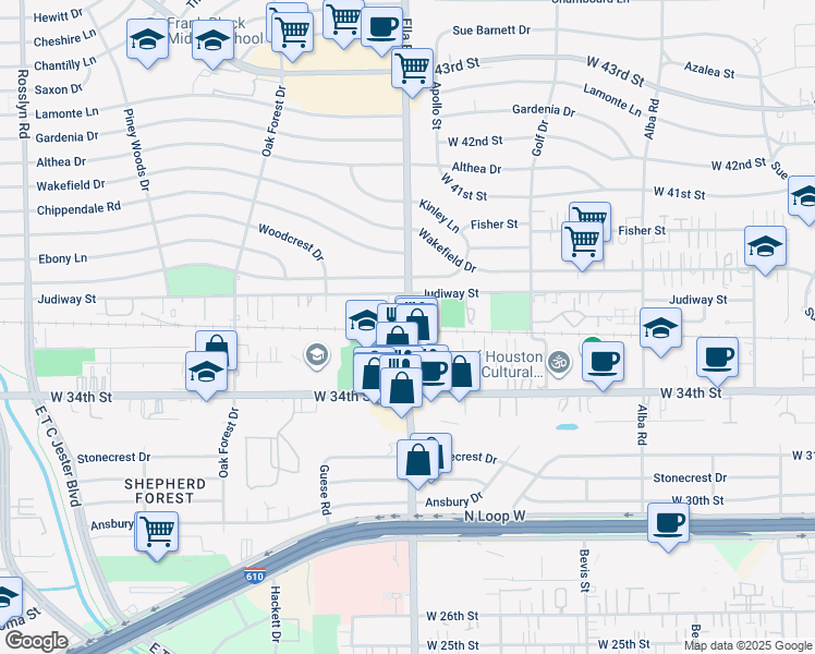 map of restaurants, bars, coffee shops, grocery stores, and more near 3511 Ella Boulevard in Houston