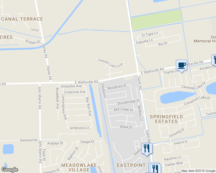 map of restaurants, bars, coffee shops, grocery stores, and more near 4719 Woodford Street in Baytown