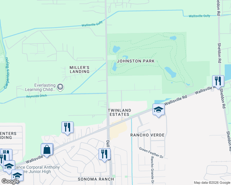 map of restaurants, bars, coffee shops, grocery stores, and more near 16318 Lisa Dawn Lane in Houston