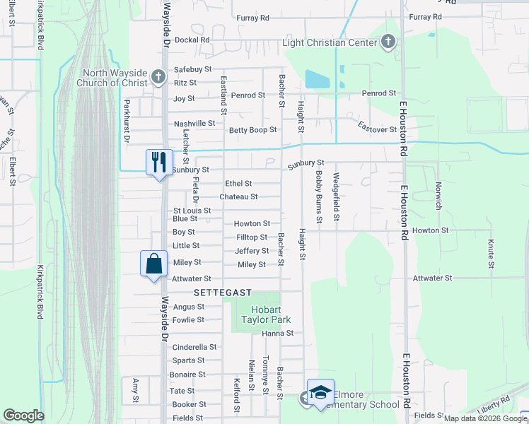 map of restaurants, bars, coffee shops, grocery stores, and more near 8105 Saint Louis Street in Houston